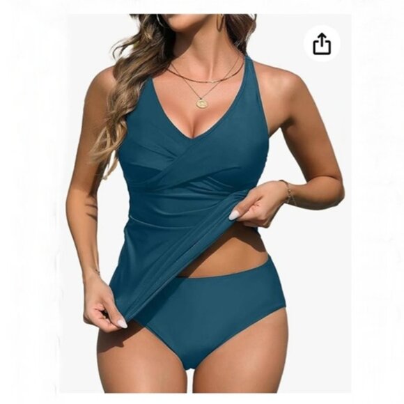 NWT Yonique Tankini Twist V Neck Top w/Tummy Control & High Cut Bottoms Small - Picture 6 of 8